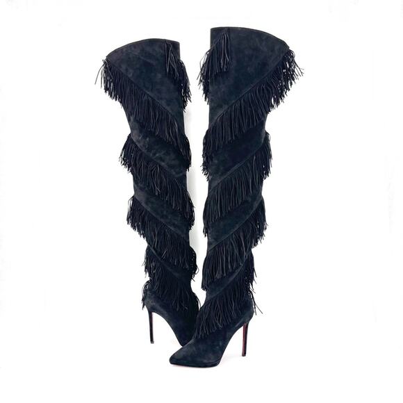 NEW Christian Louboutin Bolcheva 120 Fringe Over The Knee Pointed Toe Boots 38.5 - Picture 2 of 8
